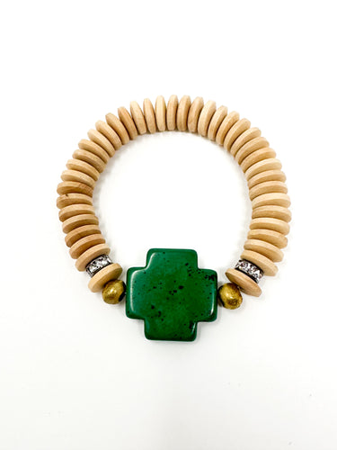 Cross Stretch Bracelet | Green + Wood