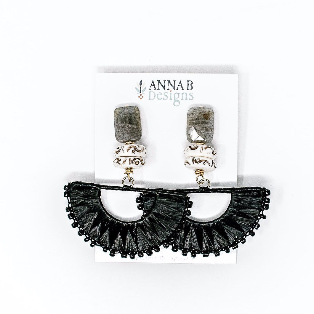 Lila Raffia Fan Earrings | Black & Gray